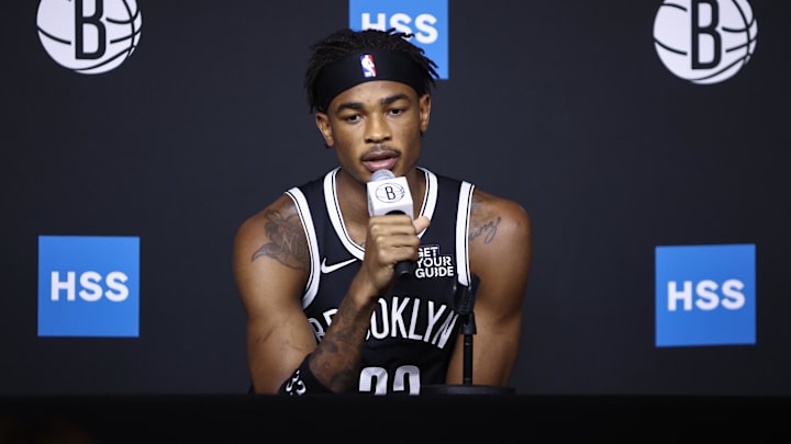 Sep 30, 2024; Brooklyn, NY, USA;  Brooklyn Nets center Nic Claxton (33) during media day at Brooklyn Nets Media Day at HSS Training Center. Mandatory Credit: Wendell Cruz-Imagn Images