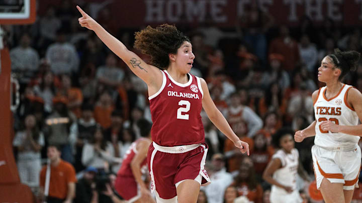 Oklahoma Sooners guard Aaliyah Chavez (2) celebrates a two point basket during the second half against the Texas Longhorns at Moody Center. 