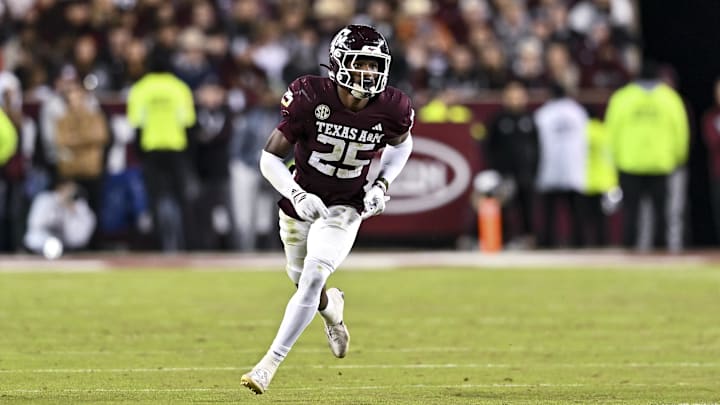 Nov 30, 2024; College Station, Texas, USA; Texas A&M Aggies defensive back Dalton Brooks (25) runs a route during the second half against the Texas Longhorns. The Longhorns defeated the Aggies 17-7 at Kyle Field. Mandatory Credit: Maria Lysaker-Imagn Images 