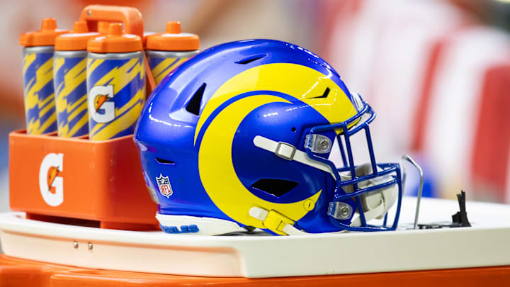 Nov 26, 2023; Glendale, Arizona, USA; Detailed view of an Los Angeles Rams helmet at State Farm Stadium. Mandatory Credit: Mark J. Rebilas-USA TODAY Sports