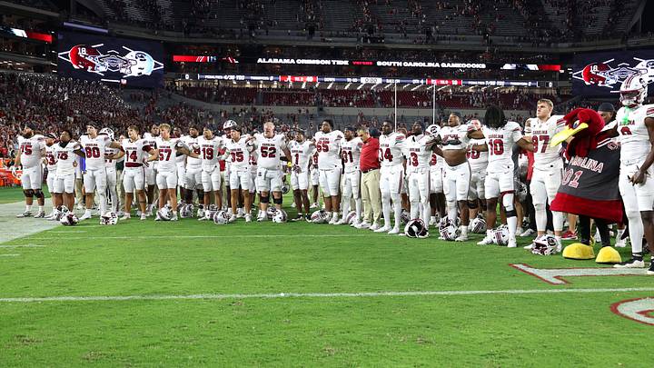 Sep 26, 2026; Tuscaloosa, Alabama, USA;  South Carolina Gamecocks players acknowledge their fans after a game against the Alabama Crimson Tide at Saban Field at Bryant-Denny Stadium.  Mandatory Credit: David Leong-Imagn Images