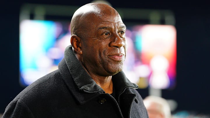 Nov 23, 2024; Kansas City, Missouri, USA; Magic Johnson attends the 2024 NWSL Championship match at CPKC Stadium. Mandatory Credit: Denny Medley-Imagn Images Nov 23, 2024; Kansas City, Missouri, USA; Magic Johnson attends the 2024 NWSL Championship match at CPKC Stadium. Mandatory Credit: Denny Medley-Imagn Images