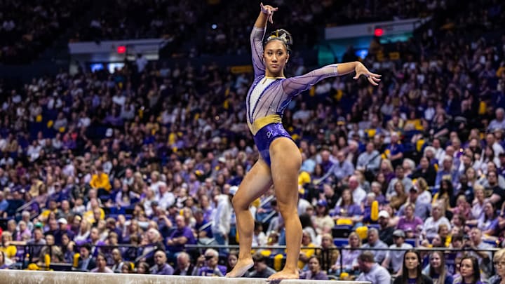 LSU Tigers Kailin Chio performs on the balance beam during the meet against the Georgia Bulldogs at Maravich Center. LSU Tigers Kailin Chio performs on the balance beam during the meet against the Georgia Bulldogs at Maravich Center.