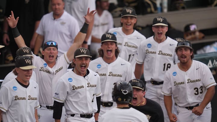 Wake Forest players celebrate Wake Forest's Marek Houston's (7) home run during the NCAA college baseball Knoxville Regional against Tennessee on June 1, 2025, in Knoxville, Tenn.