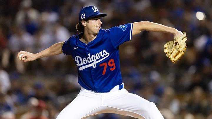 Feb 28, 2025; Phoenix, Arizona, USA; Los Angeles Dodgers pitcher Nick Frasso against the Los Angeles Angels during a spring training game at Camelback Ranch-Glendale. Mandatory Credit: Mark J. Rebilas-Imagn Images