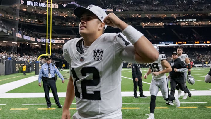 Dec 29, 2024; New Orleans, Louisiana, USA; Las Vegas Raiders quarterback Aidan O'Connell (12) pumps his fist after his team’s victory against the New Orleans Saints at Caesars Superdome. Mandatory Credit: Matthew Hinton-Imagn Images
