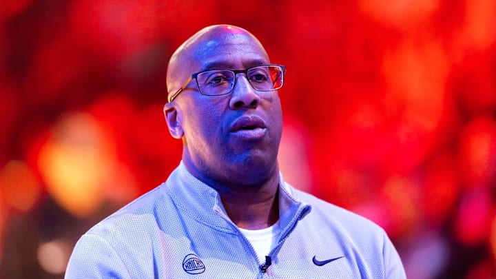 Jan 9, 2026; Phoenix, Arizona, USA; New York Knicks head coach Mike Brown against the Phoenix Suns at Mortgage Matchup Center. Mandatory Credit: Mark J. Rebilas-Imagn Images