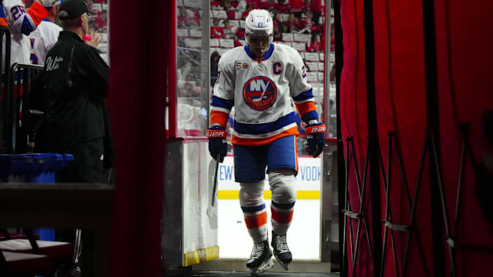 Apr 19, 2023; Raleigh, North Carolina, USA; New York Islanders left wing Anders Lee (27) comes off