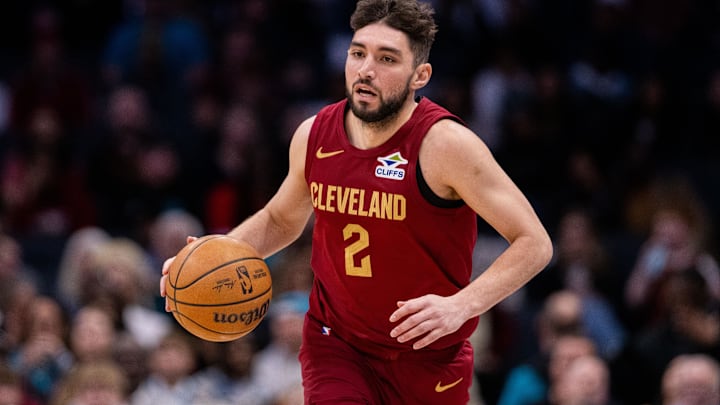 Mar 7, 2025; Charlotte, North Carolina, USA; Cleveland Cavaliers guard Ty Jerome (2) brings the ball up court against the Charlotte Hornets during the third quarter at Spectrum Center. Mandatory Credit: Scott Kinser-Imagn Images