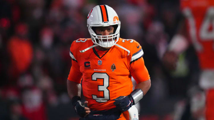 Dec 24, 2023; Denver, Colorado, USA; Denver Broncos quarterback Russell Wilson (3) before the game against the New England Patriots at Empower Field at Mile High. Mandatory Credit: Ron Chenoy-USA TODAY Sports