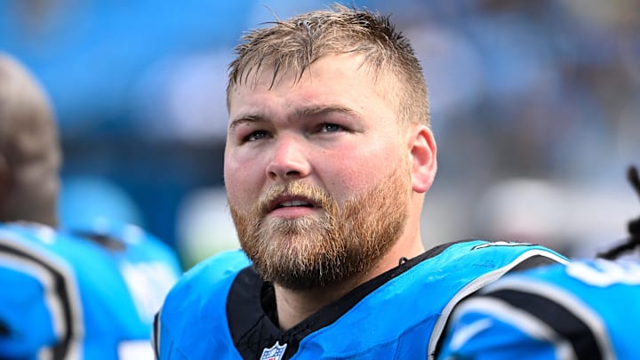 Sep 21, 2025; Charlotte, North Carolina, USA; Carolina Panthers center Cade Mays (64) on the sidelines in the fourth quarter at Bank of America Stadium. Mandatory Credit: Bob Donnan-Imagn Images Sep 21, 2025; Charlotte, North Carolina, USA; Carolina Panthers center Cade Mays (64) on the sidelines in the fourth quarter at Bank of America Stadium. Mandatory Credit: Bob Donnan-Imagn Images
