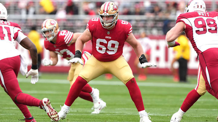 Jan 8, 2023; Santa Clara, California, USA; San Francisco 49ers offensive tackle Mike McGlinchey (69)