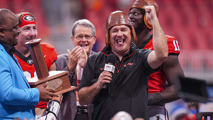 Aug 31, 2024; Atlanta, Georgia, USA; Georgia Bulldogs head coach Kirby Smart wears the old leather helmet
