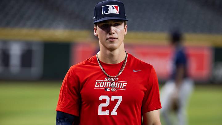 Jun 18, 2024; Phoenix, AZ, USA; Freedom High School outfielder Griffin Burkholder during the MLB Draft Combine at Chase Field.