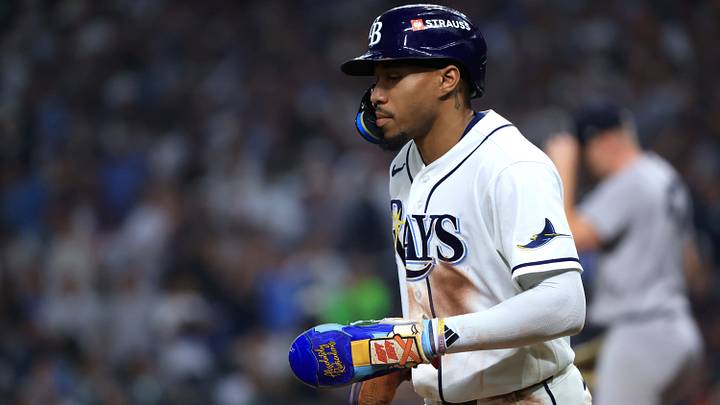 Oct 5, 2026; St. Petersburg, Florida, USA; Tampa Bay Rays outfielder Chandler Simpson (14) goes back to third base during the sixth inning against the New York Yankees in game two of the ALDS for the 2026 MLB Playoffs at Tropicana Field. Mandatory Credit: Kim Klement Neitzel-Imagn Images Oct 5, 2026; St. Petersburg, Florida, USA; Tampa Bay Rays outfielder Chandler Simpson (14) goes back to third base during the sixth inning against the New York Yankees in game two of the ALDS for the 2026 MLB Playoffs at Tropicana Field. Mandatory Credit: Kim Klement Neitzel-Imagn Images