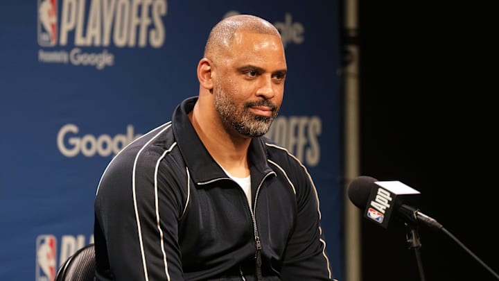 Apr 26, 2025; San Francisco, California, USA; Houston Rockets head coach Ime Udoka talks with media members before game three of first round for the 2024 NBA Playoffs against the Golden State Warriors at Chase Center. Mandatory Credit: Darren Yamashita-Imagn Images