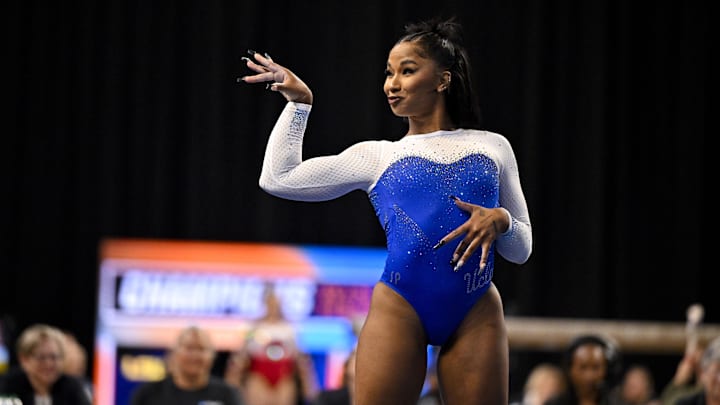 UCLA Bruins gymnast Jordan Chiles performs on floor exercise during the 2025 Women's National Gymnastics Semifinal at Dickies Arena.