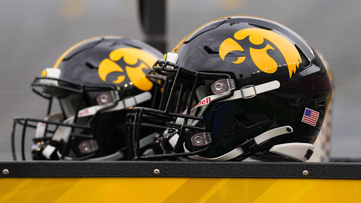 Oct 14, 2023; Madison, Wisconsin, USA;  General view of Iowa Hawkeyes helmets prior to the game against the Wisconsin Badgers at Camp Randall Stadium.