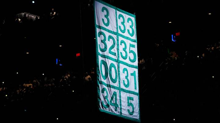 Mar 13, 2022; Boston, Massachusetts, USA; Former Boston Celtic and Basketball Hall of Fame, Kevin Garnett’s number 5 is raise to the rafters along with the other retired players numbers after the game between the Boston Celtics and Dallas Mavericks at TD Garden. Mandatory Credit: Gregory Fisher-USA TODAY Sports Mar 13, 2022; Boston, Massachusetts, USA; Former Boston Celtic and Basketball Hall of Fame, Kevin Garnett’s number 5 is raise to the rafters along with the other retired players numbers after the game between the Boston Celtics and Dallas Mavericks at TD Garden. Mandatory Credit: Gregory Fisher-USA TODAY Sports