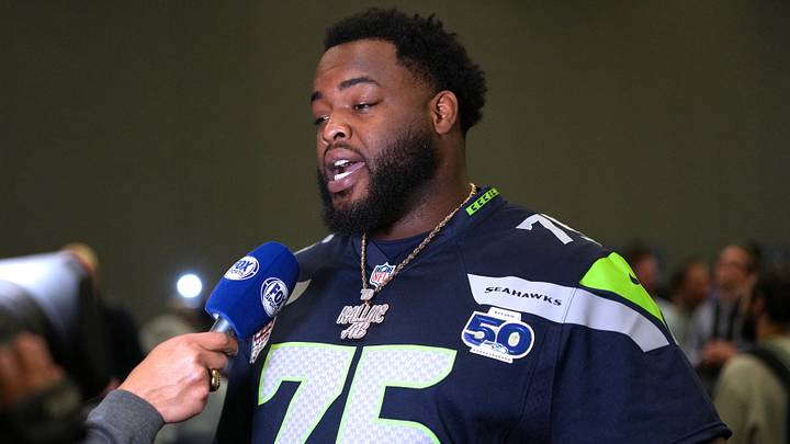 Seattle Seahawks guard Anthony Bradford (75) talks to media members at the San Jose Marriott. Seattle Seahawks guard Anthony Bradford (75) talks to media members at the San Jose Marriott.