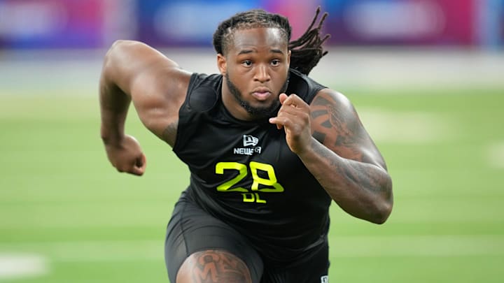 Maryland defensive lineman Jordan Phillips (DL28) participates in drills during the 2025 NFL Combine at Lucas Oil Stadium. Maryland defensive lineman Jordan Phillips (DL28) participates in drills during the 2025 NFL Combine at Lucas Oil Stadium.