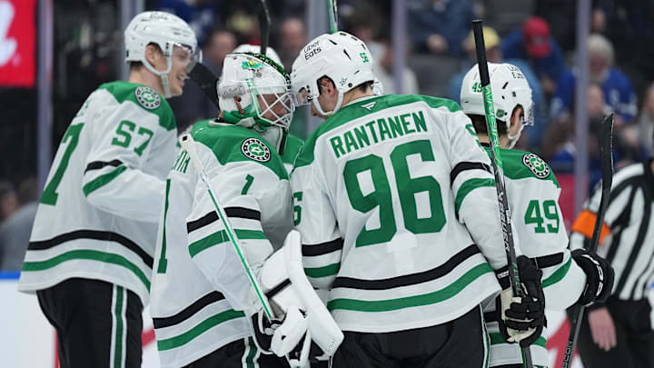 Apr 13, 2026; Toronto, Ontario, CAN; Dallas Stars right wing Mikko Rantanen (96) celebrates the win with goaltender Casey DeSmith (1) against the Toronto Maple Leafs at the end of the third period at Scotiabank Arena. Mandatory Credit: Nick Turchiaro-Imagn Images