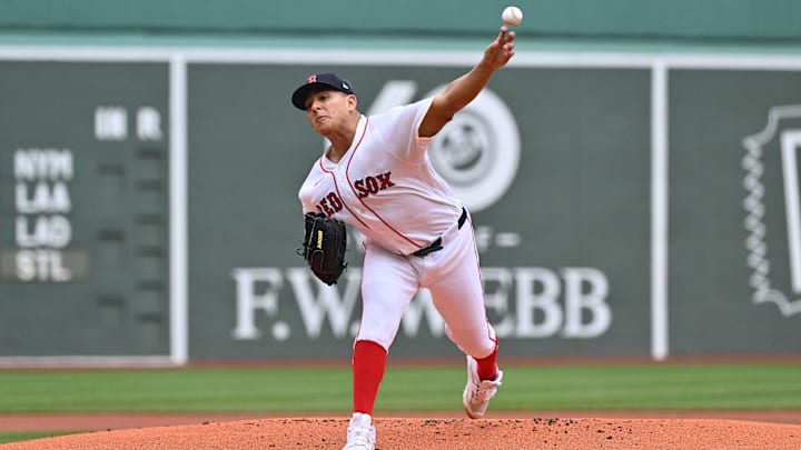 May 3, 2026; Boston, Massachusetts, USA; Boston Red Sox starting pitcher Ranger Suarez (55) pitches against the Houston Astros during the first inning at Fenway Park. Mandatory Credit: Eric Canha-Imagn Images
