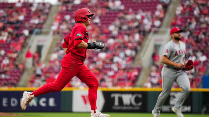 Apr 11, 2026; Cincinnati, Ohio, USA;  Cincinnati Reds center fielder TJ Friedl (29) scores a run on a wild pitch by Los Angeles Angels pitcher Chase Silseth in the eighth inning at Great American Ball Park. Mandatory Credit: Aaron Doster-Imagn Images