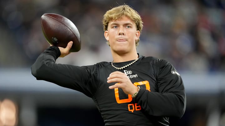 Mar 1, 2025; Indianapolis, IN, USA; Mississippi quarterback Jaxson Dart (QB03) during the 2025 NFL Combine at Lucas Oil Stadium. Mandatory Credit: Kirby Lee-Imagn Images Mar 1, 2025; Indianapolis, IN, USA; Mississippi quarterback Jaxson Dart (QB03) during the 2025 NFL Combine at Lucas Oil Stadium. Mandatory Credit: Kirby Lee-Imagn Images