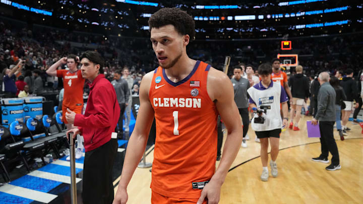 Mar 30, 2024; Los Angeles, CA, USA; Clemson Tigers guard Chase Hunter (1) reacts after the game against the Alabama Crimson Tide in the finals of the West Regional of the 2024 NCAA Tournament at Crypto.com Arena. Mar 30, 2024; Los Angeles, CA, USA; Clemson Tigers guard Chase Hunter (1) reacts after the game against the Alabama Crimson Tide in the finals of the West Regional of the 2024 NCAA Tournament at Crypto.com Arena.