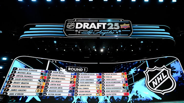 Jun 27, 2025; Los Angeles, California, USA; The draft board is seen following the first round of the 2025 NHL Draft at Peacock Theater. Mandatory Credit: Kirby Lee-Imagn Images