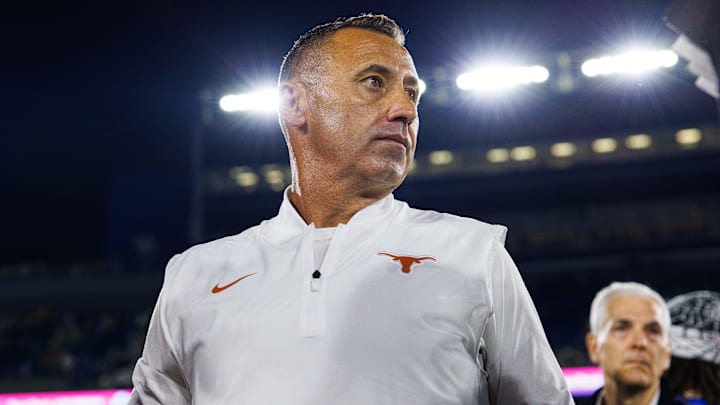 Oct 18, 2025; Lexington, Kentucky, USA; Texas Longhorns head coach Steve Sarkisian is interviewed by the media after the game against the Kentucky Wildcats at Kroger Field.