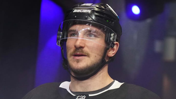 Mar 11, 2025; Los Angeles, California, USA; LA Kings left wing Tanner Jeannot (10) enters the ice against the New York Islanders in the third period at the Crypto.com Arena. Mandatory Credit: Kirby Lee-Imagn Images
