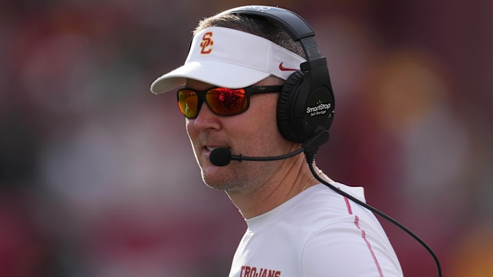 Nov 30, 2024; Los Angeles, California, USA; Southern California Trojans head coach Lincoln Riley reacts against the Notre Dame Fighting Irish in the second half at United Airlines Field at Los Angeles Memorial Coliseum. Mandatory Credit: Kirby Lee-Imagn Images