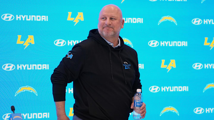 Apr 17, 2025; El Segundo, CA, USA; Los Angeles Chargers general manager Joe Hortiz at press conference at The Bolt. 