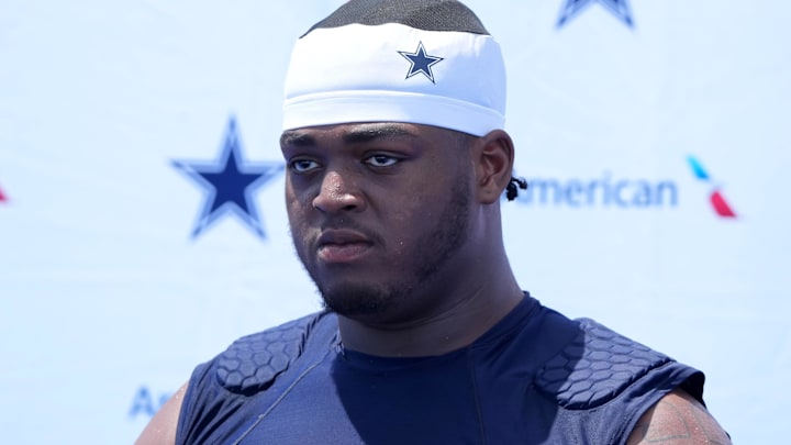 Dallas Cowboys offensive lineman Tyler Smith at training camp press conference at the River Ridge Fields