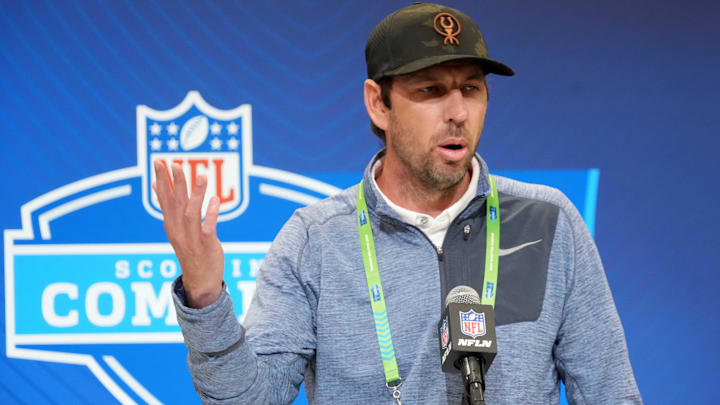 Feb 25, 2025; Indianapolis, IN, USA; Indianapolis Colts coach Shane Steichen speaks during the NFL Scouting Combine at the Indiana Convention Center. Mandatory Credit: Kirby Lee-Imagn Images