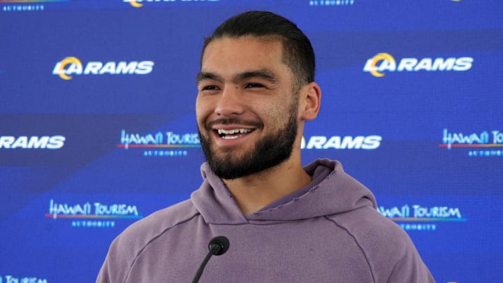 Los Angeles Rams receiver Puka Nacua at press conference during organized team activities at Rams Practice Facility.