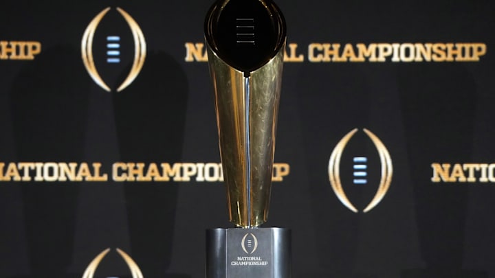 Jan 19, 2025; Atlanta, GA, USA; The College Football Playoff National Championship trophy at a press conference at The Westin Peachtree Plaza, Savannah Ballroom. Mandatory Credit: Kirby Lee-Imagn Images Jan 19, 2025; Atlanta, GA, USA; The College Football Playoff National Championship trophy at a press conference at The Westin Peachtree Plaza, Savannah Ballroom. Mandatory Credit: Kirby Lee-Imagn Images