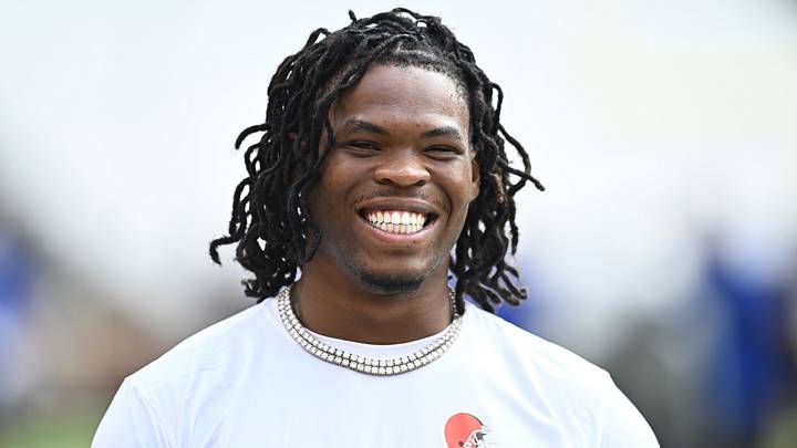 Aug 22, 2026; Cleveland, Ohio, USA; Cleveland Browns running back Quinshon Judkins (10) before the game between the Browns and the Buffalo Bills at Huntington Bank Field. 