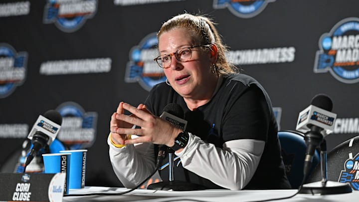 Mar 27, 2025; Spokane, WA, USA; UCLA Bruins head coach Cori Close talks with media during an NCAA Tournament practice session at Spokane Arena. Mandatory Credit: James Snook-Imagn Images