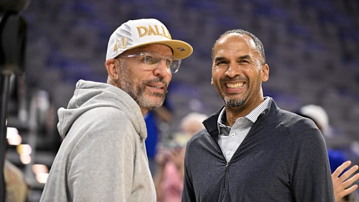 Oct 6, 2025; Fort Worth, Texas, USA; Dallas Mavericks head coach Jason Kidd (left) and general manager Nico Harrison (right) look on before the game against the Oklahoma City Thunder at Dickie's Arena. Mandatory Credit: Jerome Miron-Imagn Images