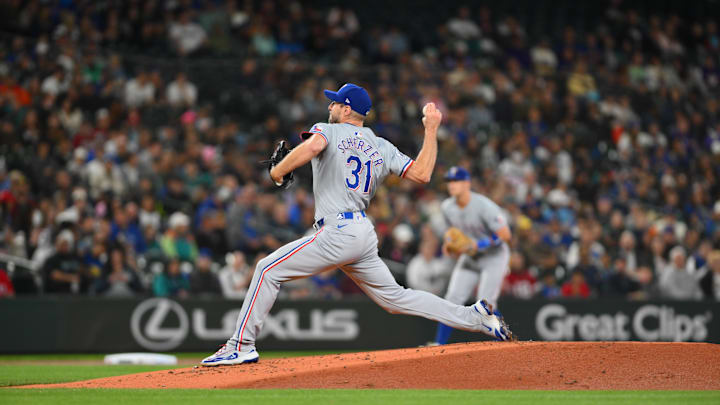Sep 14, 2024; Seattle, Washington, USA; Texas Rangers starting pitcher Max Scherzer (31) pitches to the Seattle Mariners during the first inning at T-Mobile Park. Mandatory Credit: Steven Bisig-Imagn Images