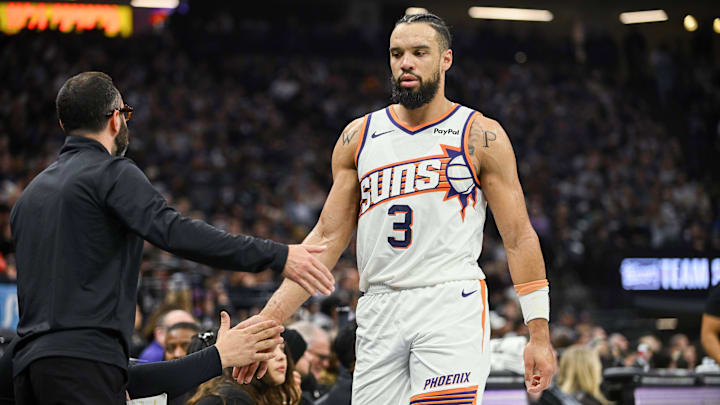 Nov 26, 2025; Sacramento, California, USA; Phoenix Suns guard/forward Dillon Brooks (3) reacts with teammates after coming out of the game during the second quarter of the game against the Sacramento Kings at Golden 1 Center. Mandatory Credit: Ed Szczepanski-Imagn Images