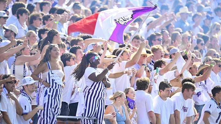 Sep 20, 2025; Fort Worth, Texas, USA; A view of the students and fans during the first half of the game between the TCU Horned Frogs and the SMU Mustangs at Amon G. Carter Stadium. Mandatory Credit: Jerome Miron-Imagn Images Sep 20, 2025; Fort Worth, Texas, USA; A view of the students and fans during the first half of the game between the TCU Horned Frogs and the SMU Mustangs at Amon G. Carter Stadium. Mandatory Credit: Jerome Miron-Imagn Images