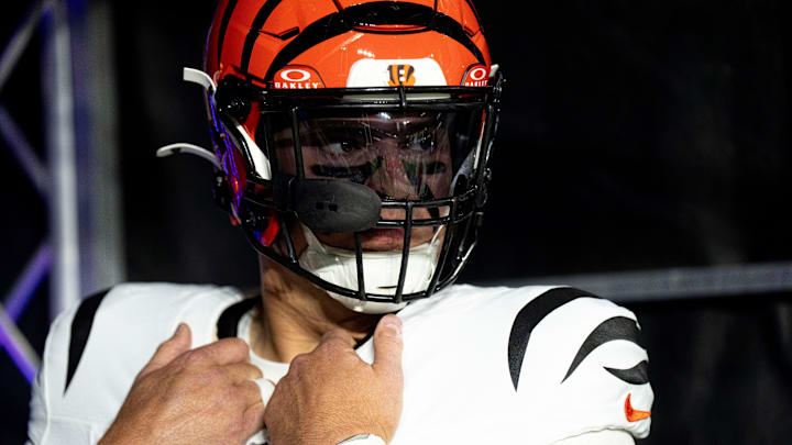 Cincinnati Bengals defensive end Trey Hendrickson (91) looks out of the tunnel before warming up before the NFL game between the Cincinnati Bengals and the Baltimore Ravens at M&T Banks Stadium in Baltimore on Thursday, Nov. 7, 2024.