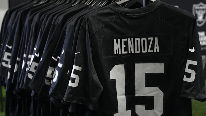 Apr 24, 2026; Henderson, NV, USA; The Nike jersey of Las Vegas Raiders quarterback Fernando Mendoza (15) at the Festival of Football at the Intermountain Health Performance Center. Mandatory Credit: Kirby Lee-Imagn Images