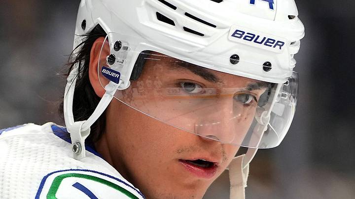 Nov 26, 2022; Las Vegas, Nevada, USA; Vancouver Canucks defenseman Ethan Bear (74) warms up before a game against the Vegas Golden Knights at T-Mobile Arena. Mandatory Credit: Stephen R. Sylvanie-USA TODAY Sports