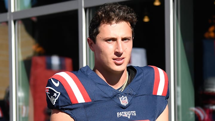 Oct 26, 2025; Foxborough, Massachusetts, USA; New England Patriots quarterback Tommy DeVito (16) walks to the field prior to a game against the Cleveland Browns at Gillette Stadium. Mandatory Credit: Bob DeChiara-Imagn Images