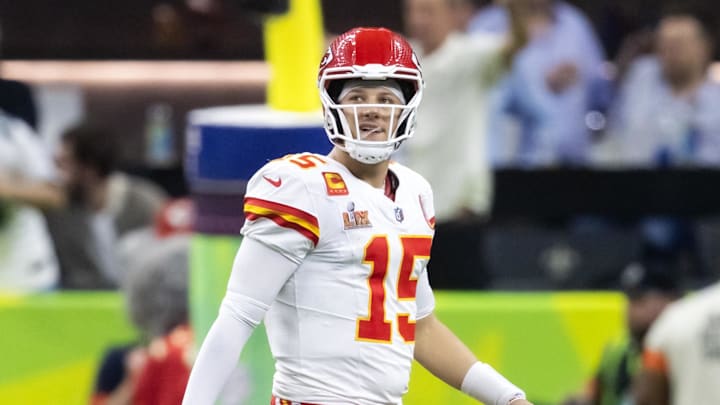 Feb 9, 2025; New Orleans, LA, USA;  Kansas City Chiefs quarterback Patrick Mahomes (15) reacts against the Philadelphia Eagles in Super Bowl LIX at Ceasars Superdome. Mandatory Credit: Mark J. Rebilas-Imagn Images